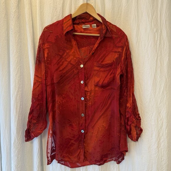 Chico's Size 2 Large Silk Burnout Top Womens Large Semi Sheer Button Up High Low - Picture 9 of 9